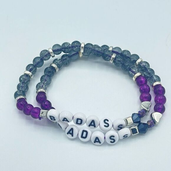 Badass spell out beaded stretch bracelet ONE NEW Stackable pearl beads silver to - Picture 3 of 7